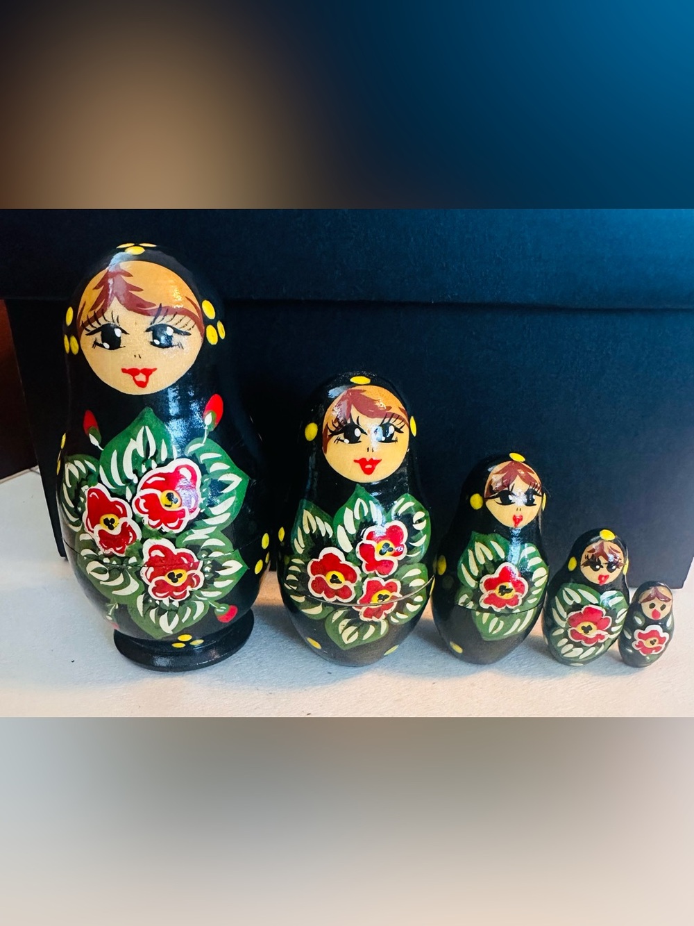 Vintage Hand-Painted Black Floral Matryoshka Nesting Dolls 5 dolls
